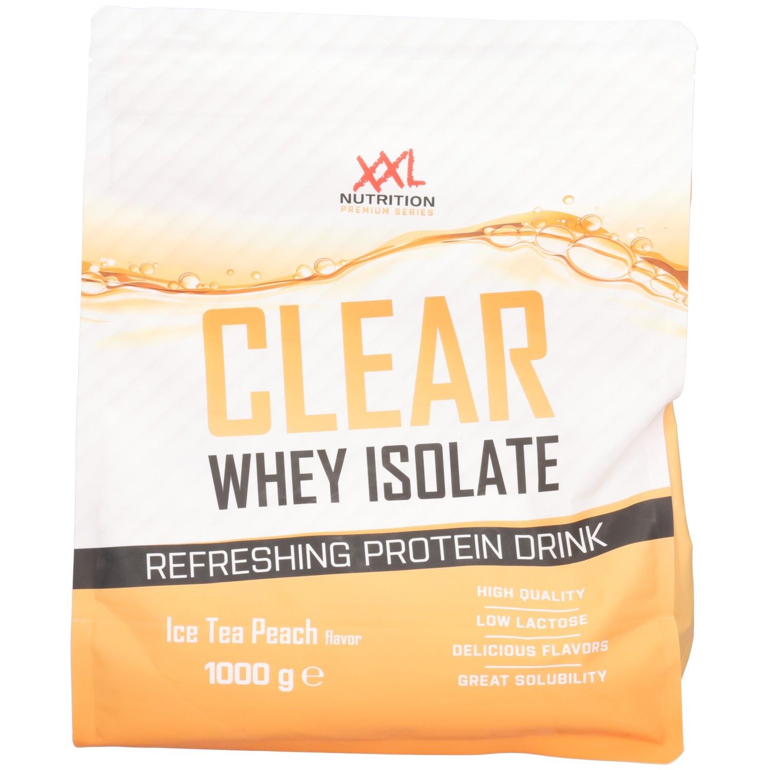 Zak XXL Nutrition Clear Whey Isolate. Opschrift: Clear Whey Isolate, Ice Tea Peach, 1000 g. Achtergrond: aquarel.
