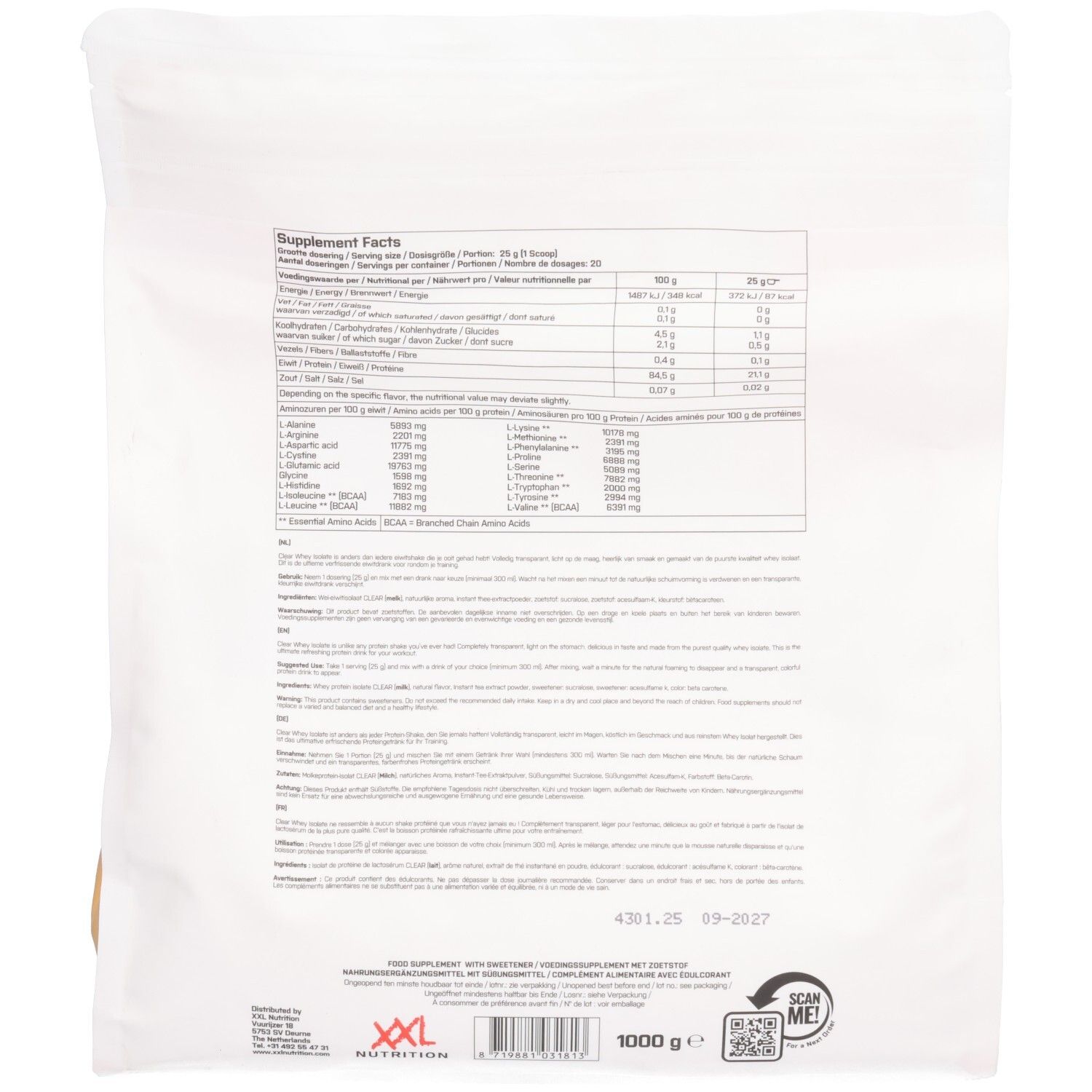 Achterkant van de zak met voedingswaarde en ingrediënten. Meertalige tekst. XXL Nutrition logo en 1000 g.