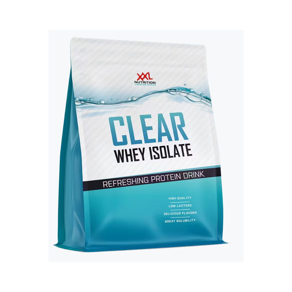 Groene zak "XXL Nutrition Clear Whey Isolate". Tekst: "Refreshing Protein Drink", "Green Apple Flavor", "1000 g e".