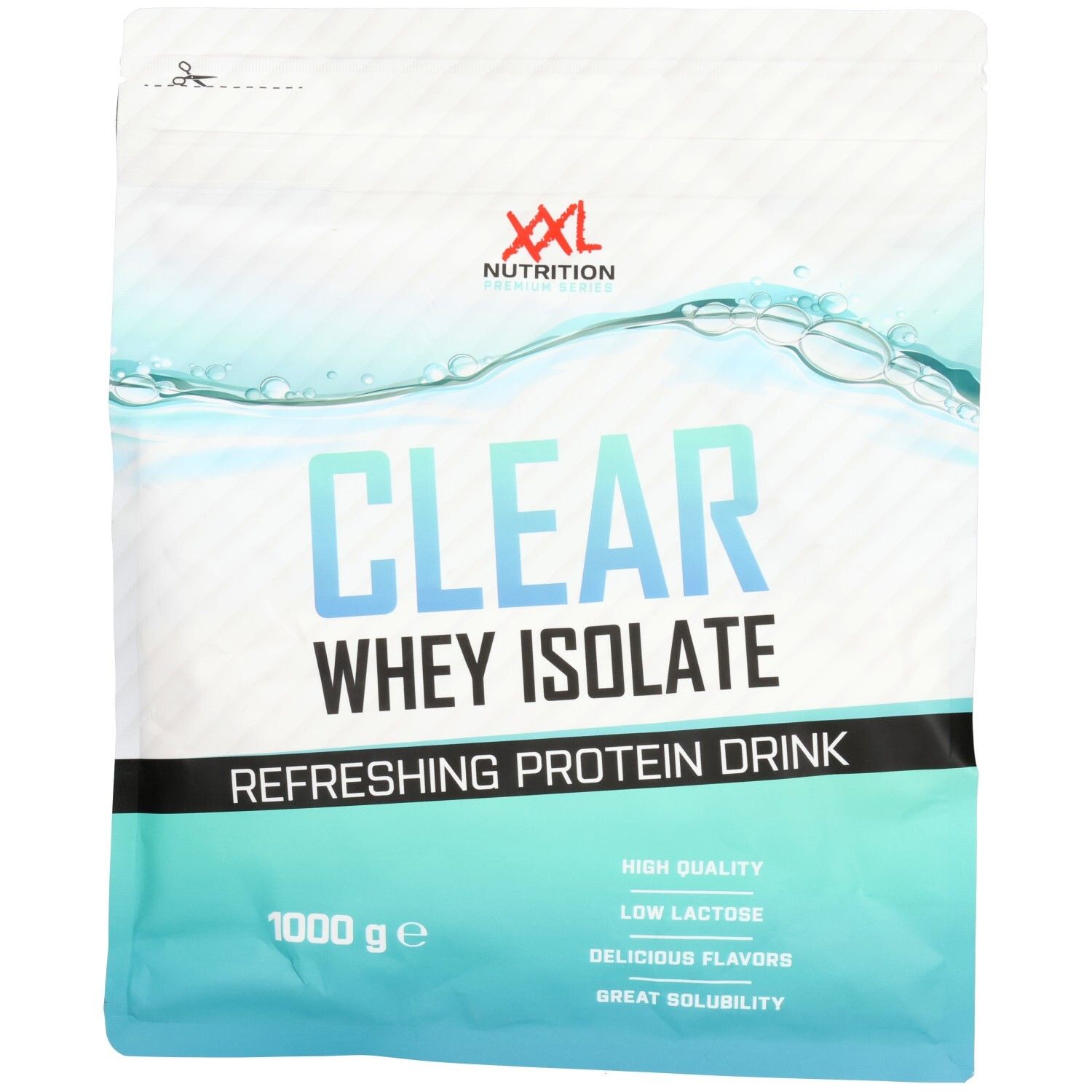 Sachet "XXL Nutrition Clear Whey Isolate". Texte : "Refreshing Protein Drink", "1000 g e". Fond bleu et blanc.