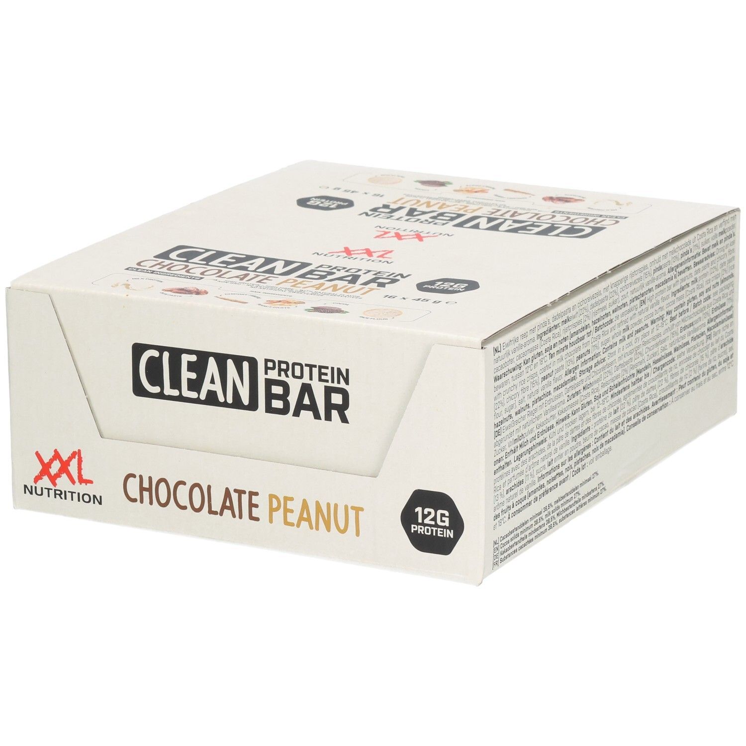 Boîte de Clean Protein Bar, saveur Chocolat Cacahuètes. 12g de protéines. Logo XXL Nutrition.