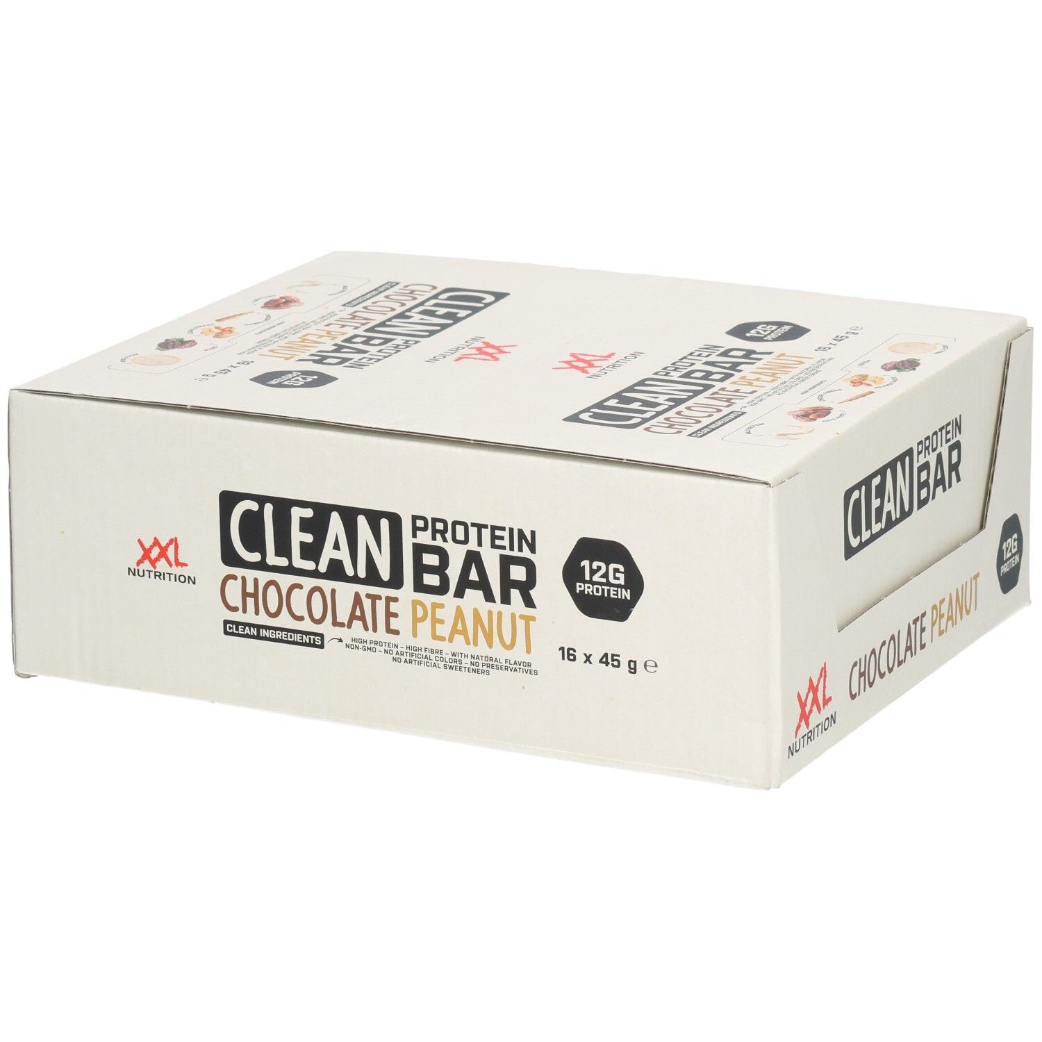 Boîte Clean Protein Bar, saveur Chocolat Cacahuètes. 16 barres de 45g. 12g protéines. Logo XXL Nutrition.