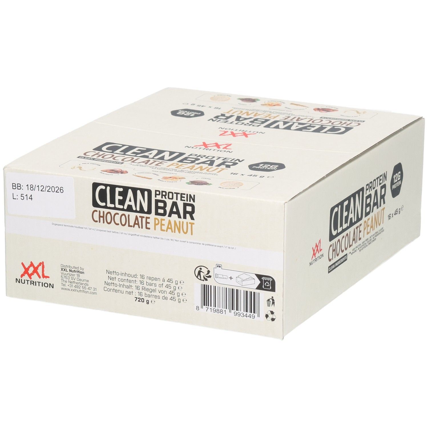 Boîte Clean Protein Bar, saveur Chocolat Cacahuètes. Date limite 18/12/2026. 16 barres de 45g. Logo XXL Nutrition.