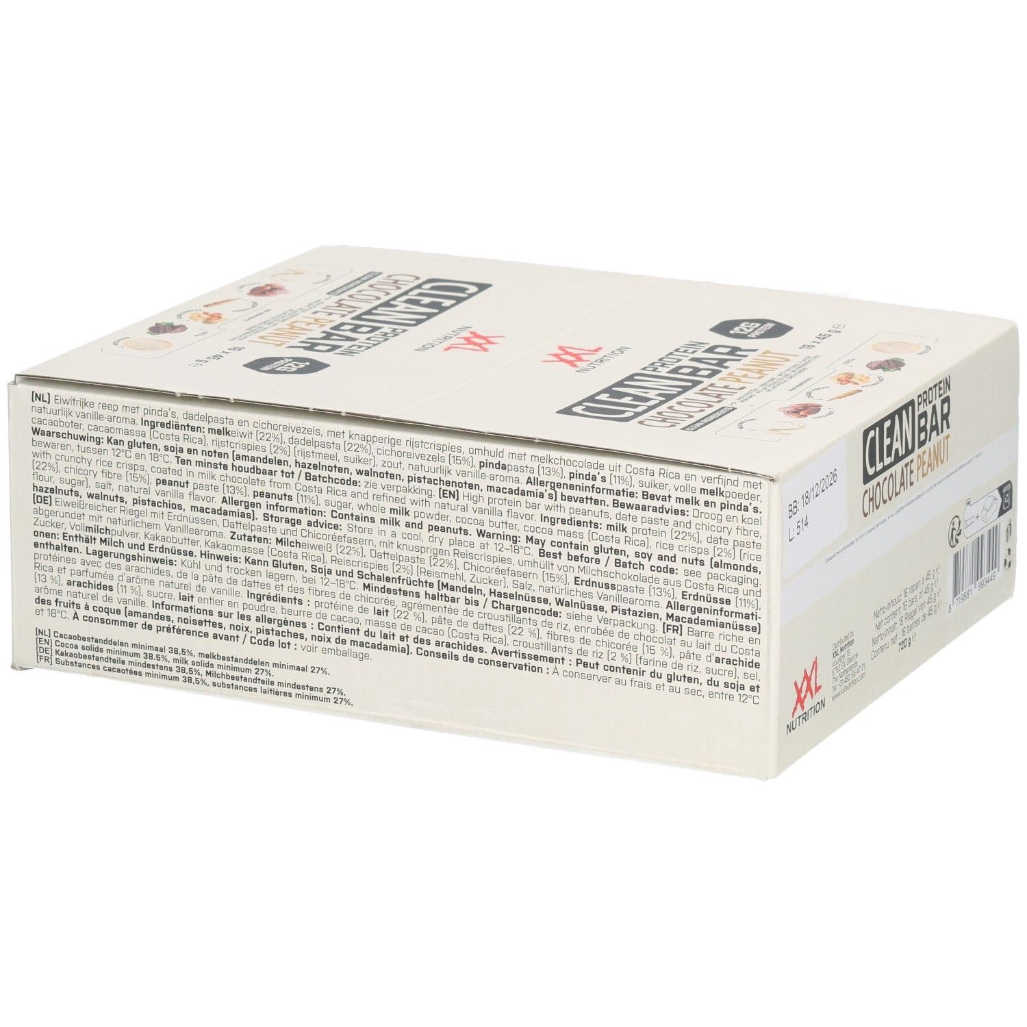 Boîte Clean Protein Bar, saveur Chocolat Cacahuètes. Liste des ingrédients. 16 barres de 45g. Logo XXL Nutrition.