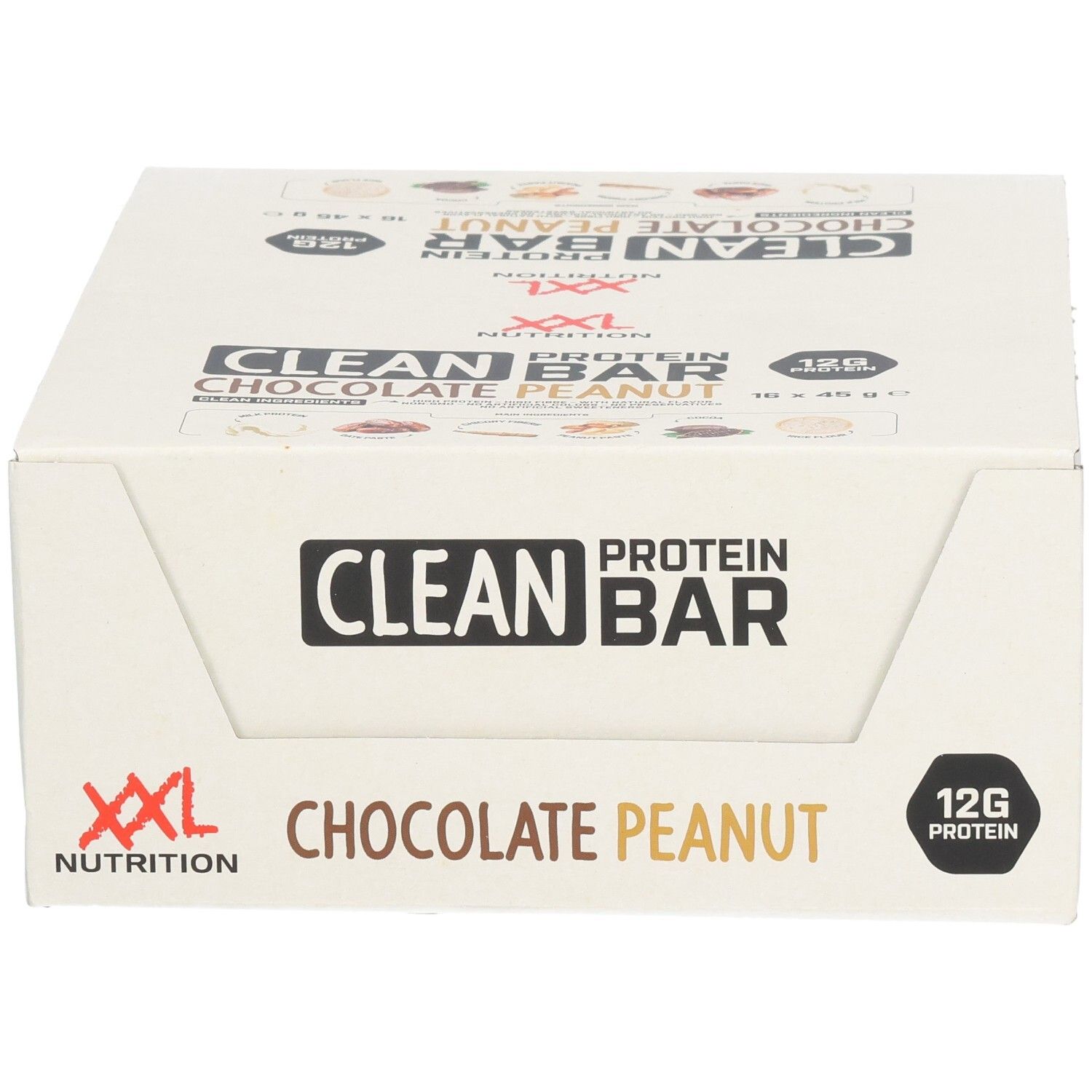 Boîte Clean Protein Bar, saveur Chocolat Cacahuètes. 12g de protéines. Logo XXL Nutrition.
