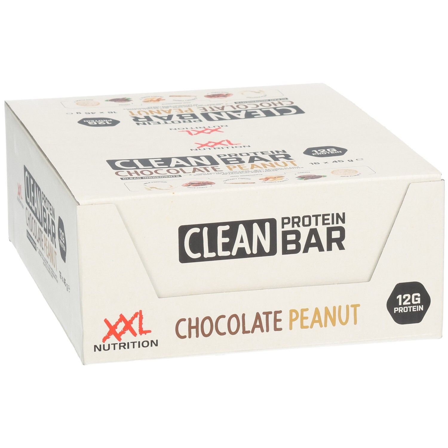 Boîte Clean Protein Bar, saveur Chocolat Cacahuètes. 12g de protéines. Logo XXL Nutrition.