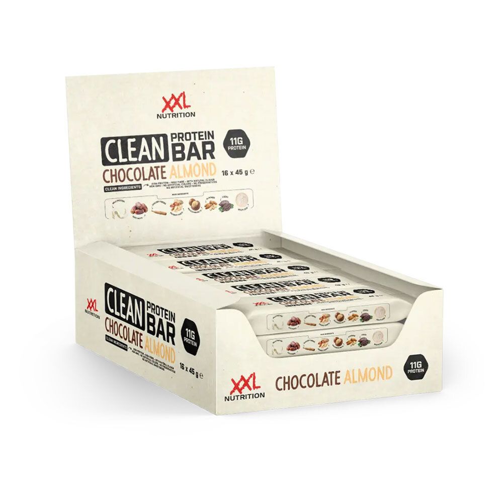 Open doos Clean Protein Bar Chocolat Amandes. Repen zichtbaar. Opschrift: XXL Nutrition, Clean Protein Bar, Chocolat Amandes.