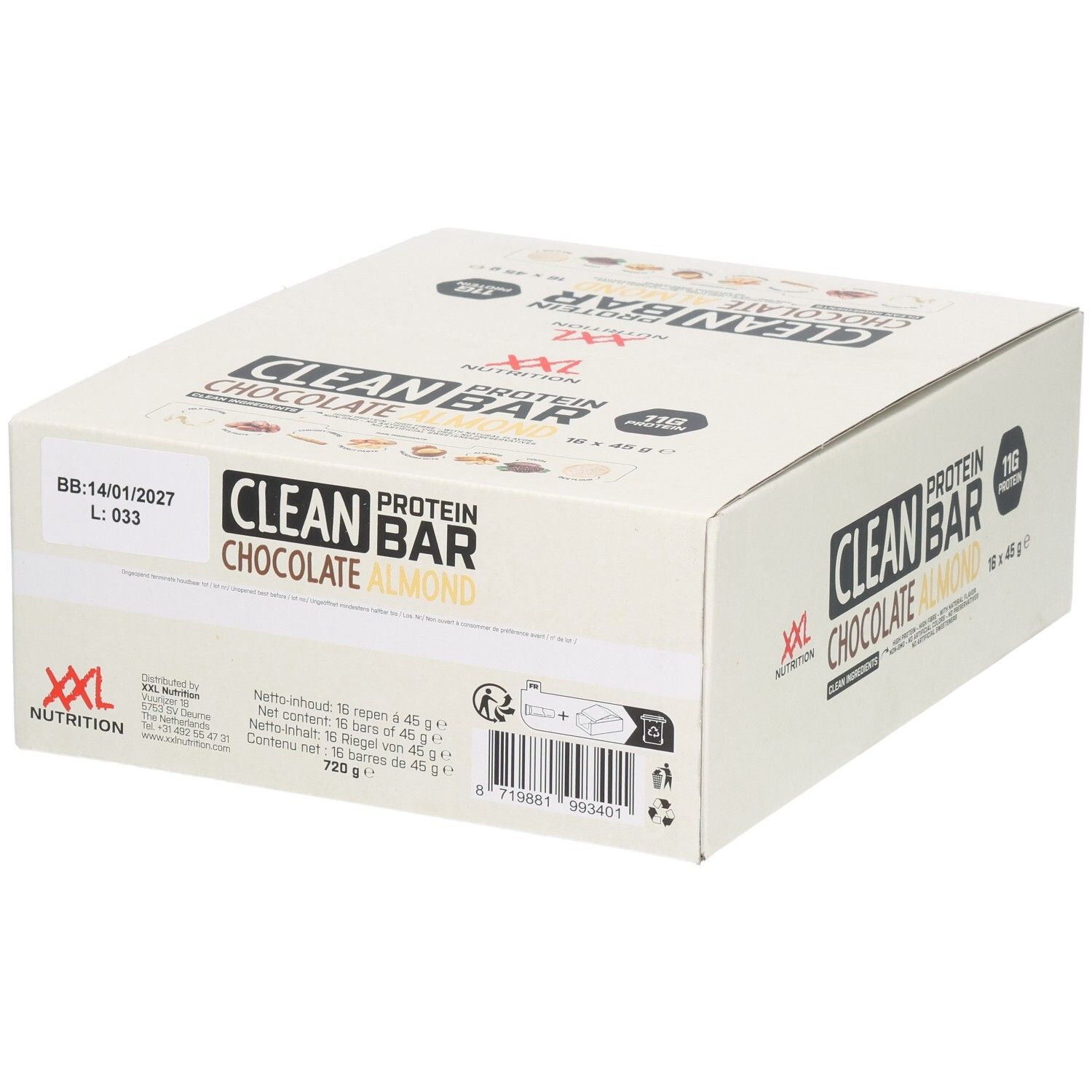 Doos Clean Protein Bar Chocolat Amandes. Opschrift: XXL Nutrition, Clean Protein Bar, Chocolat Amandes.