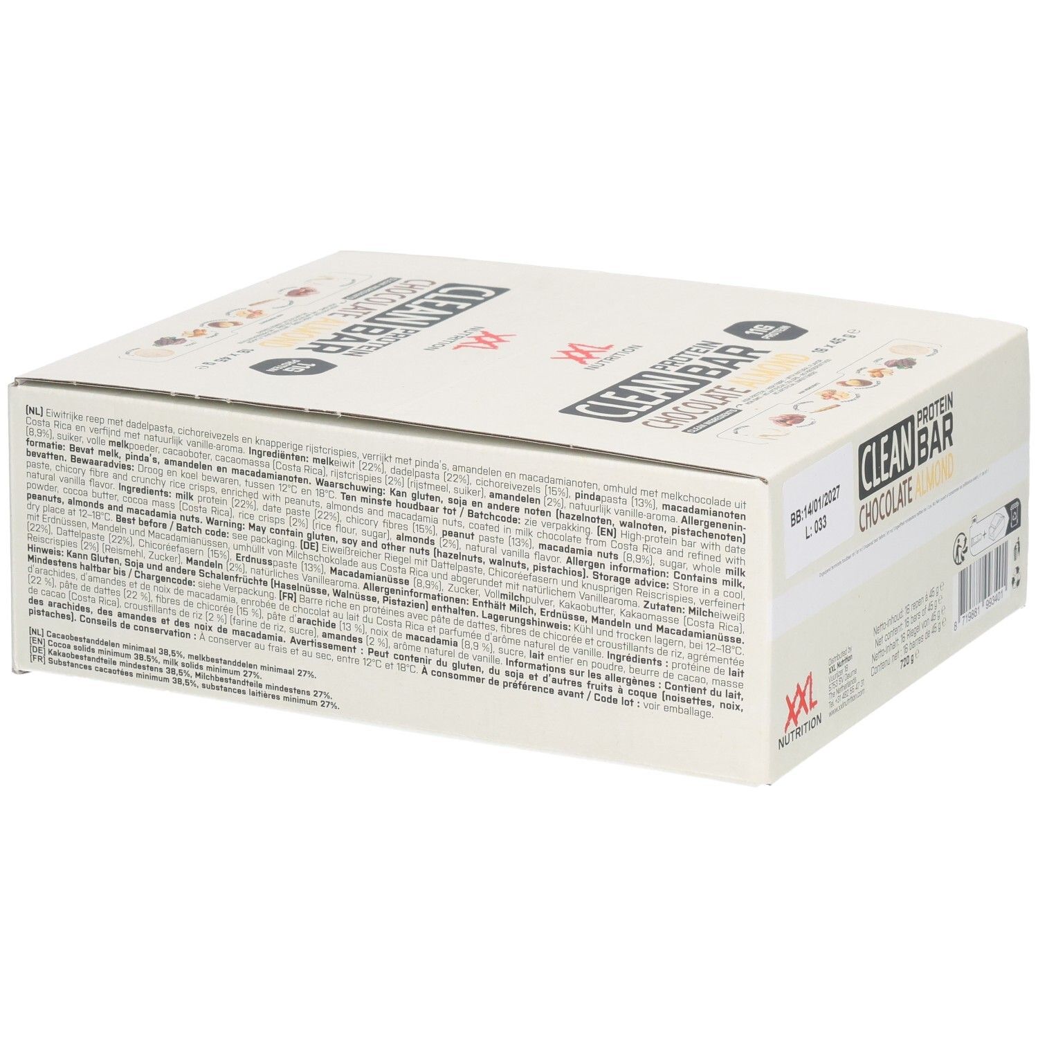 Doos Clean Protein Bar Chocolat Amandes. Ingrediëntenlijst en voedingswaarde-informatie. Opschrift: XXL Nutrition.