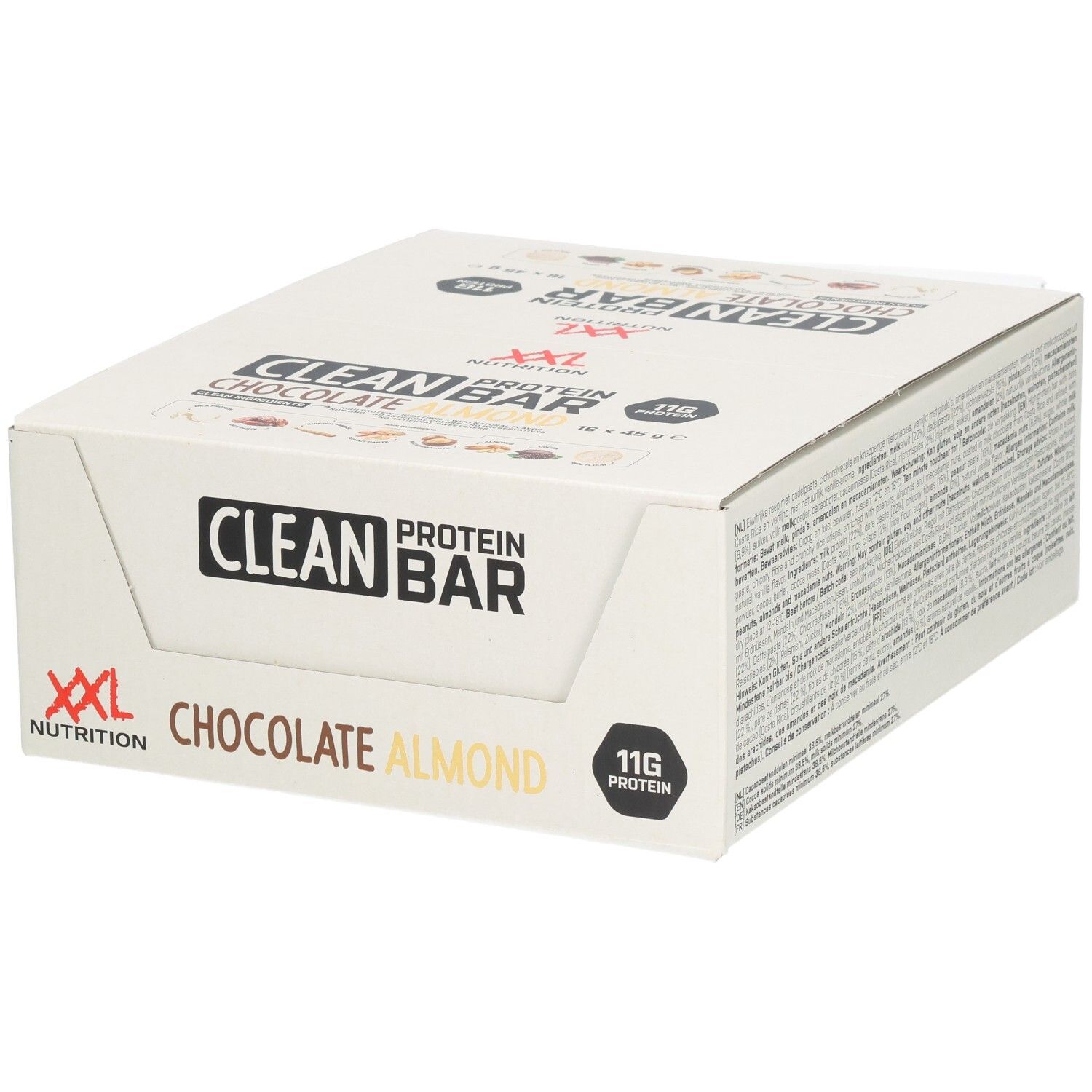 Doos Clean Protein Bar Chocolat Amandes. Opschrift: XXL Nutrition, Clean Protein Bar, Chocolat Amandes, 11g eiwit.