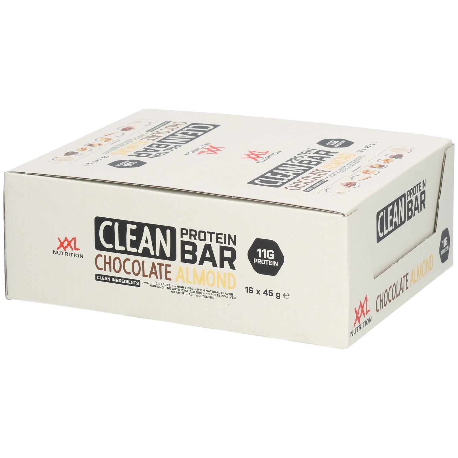 Doos Clean Protein Bar Chocolat Amandes. Opschrift: XXL Nutrition, Clean Protein Bar, Chocolat Amandes, 16 x 45 g.