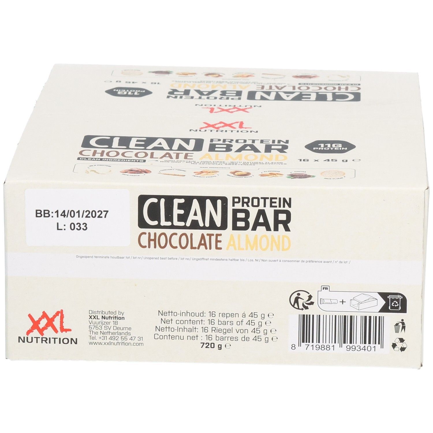 Doos Clean Protein Bar Chocolat Amandes. Opschrift: XXL Nutrition, Clean Protein Bar, Chocolat Amandes, 16 repen.