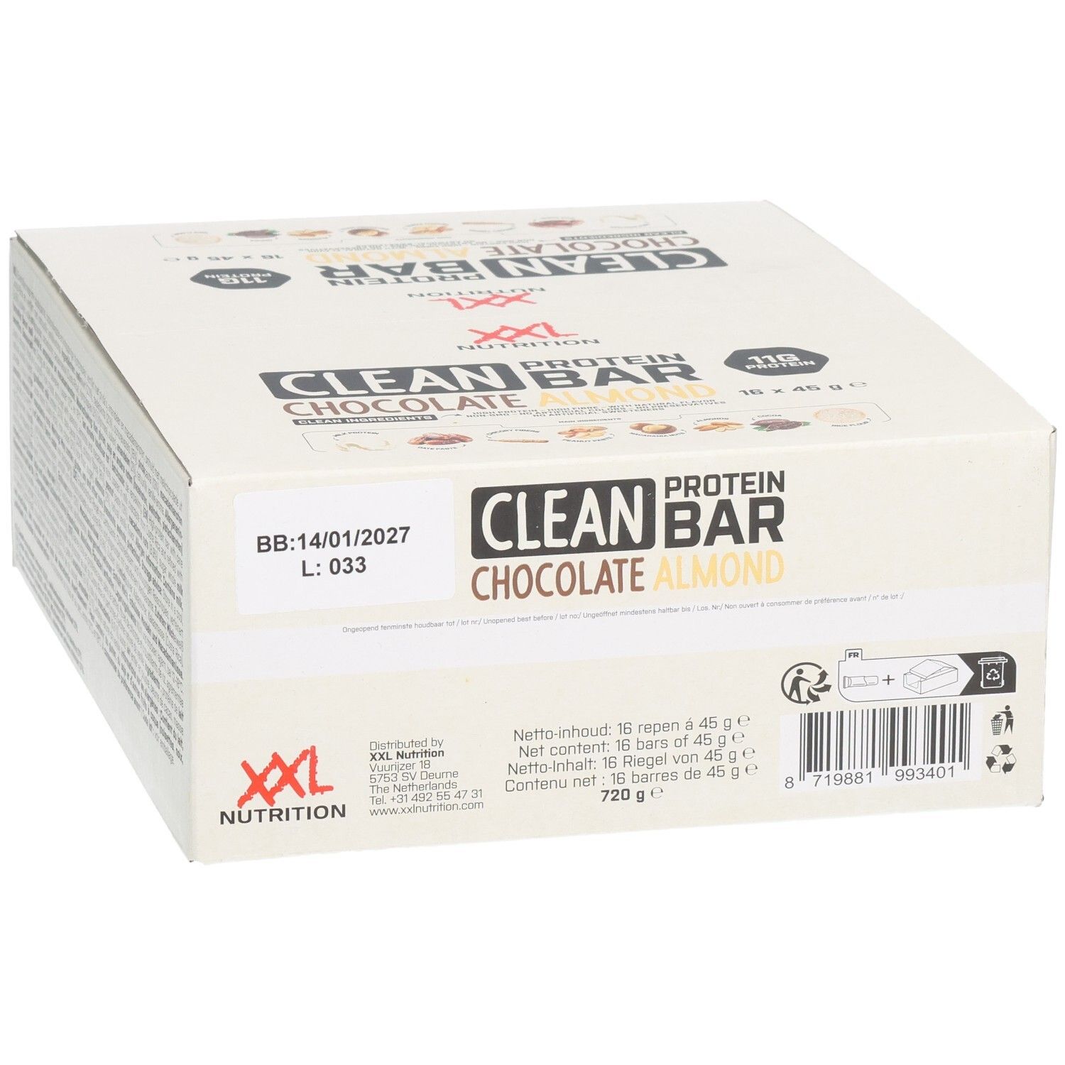 Doos Clean Protein Bar Chocolat Amandes. Opschrift: XXL Nutrition, Clean Protein Bar, Chocolat Amandes, 16 repen, 720 g.