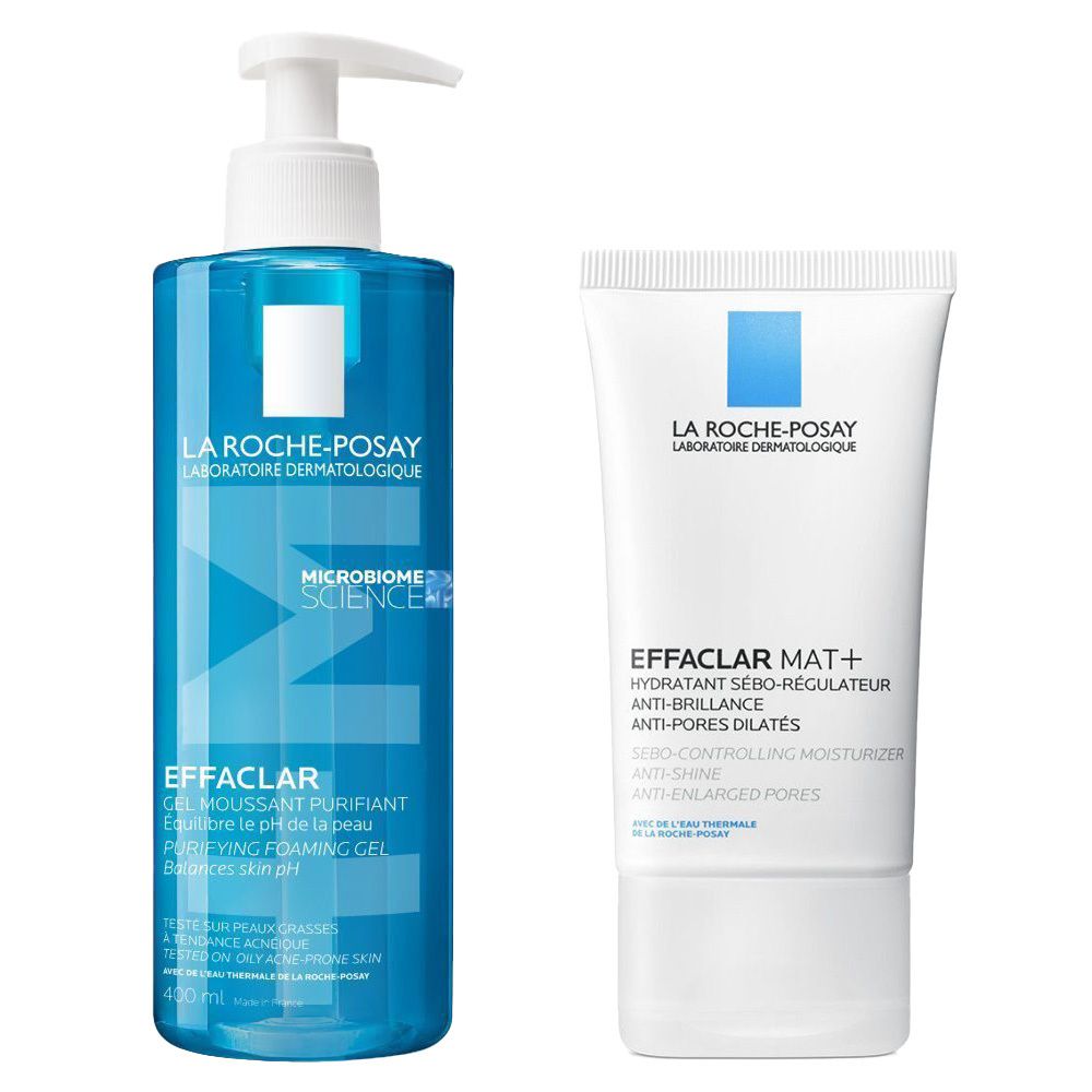 Twee producten van La Roche-Posay. Links: blauwe fles met pomp, Effaclar Gel. Rechts: witte tube, Effaclar Mat+.