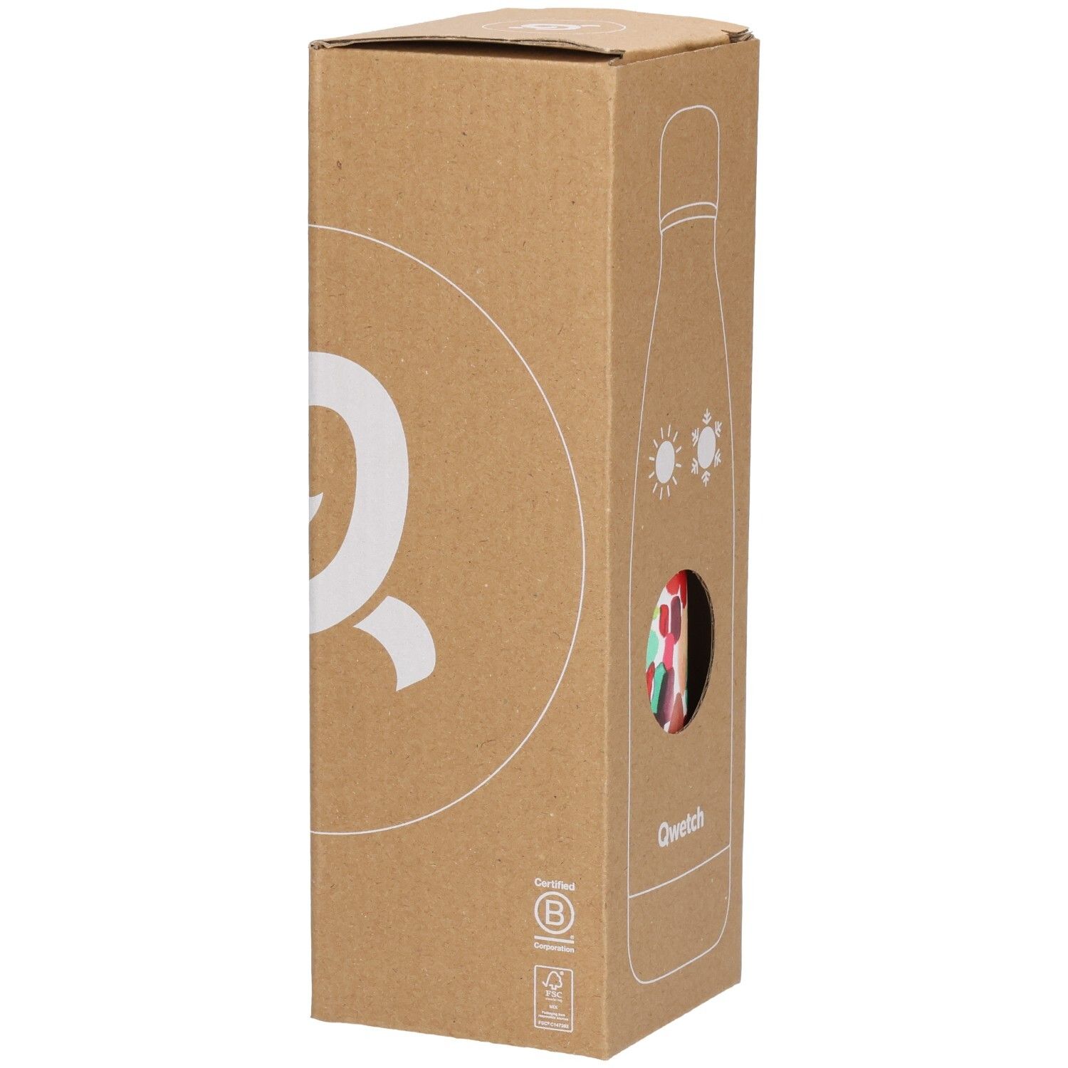 Kartonnen verpakking met Qwetch logo en B Corp certificering. Illustratie van thermosfles met zon en sneeuwvlok.