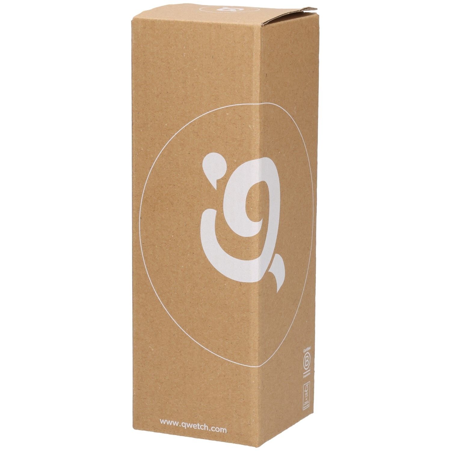 Kartonnen verpakking met Qwetch logo. Opschrift www.qwetch.com. Bruine verpakking.
