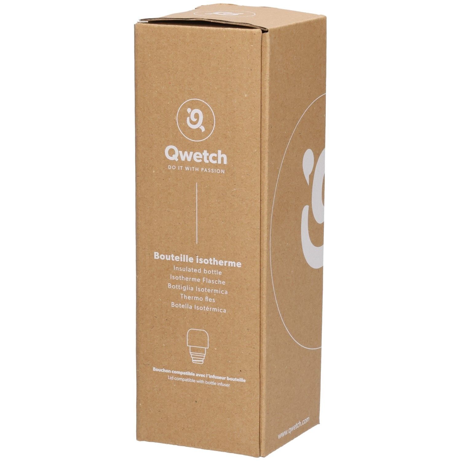 Kartonnen verpakking met Qwetch logo en productnaam. Illustratie van een thermosfles.