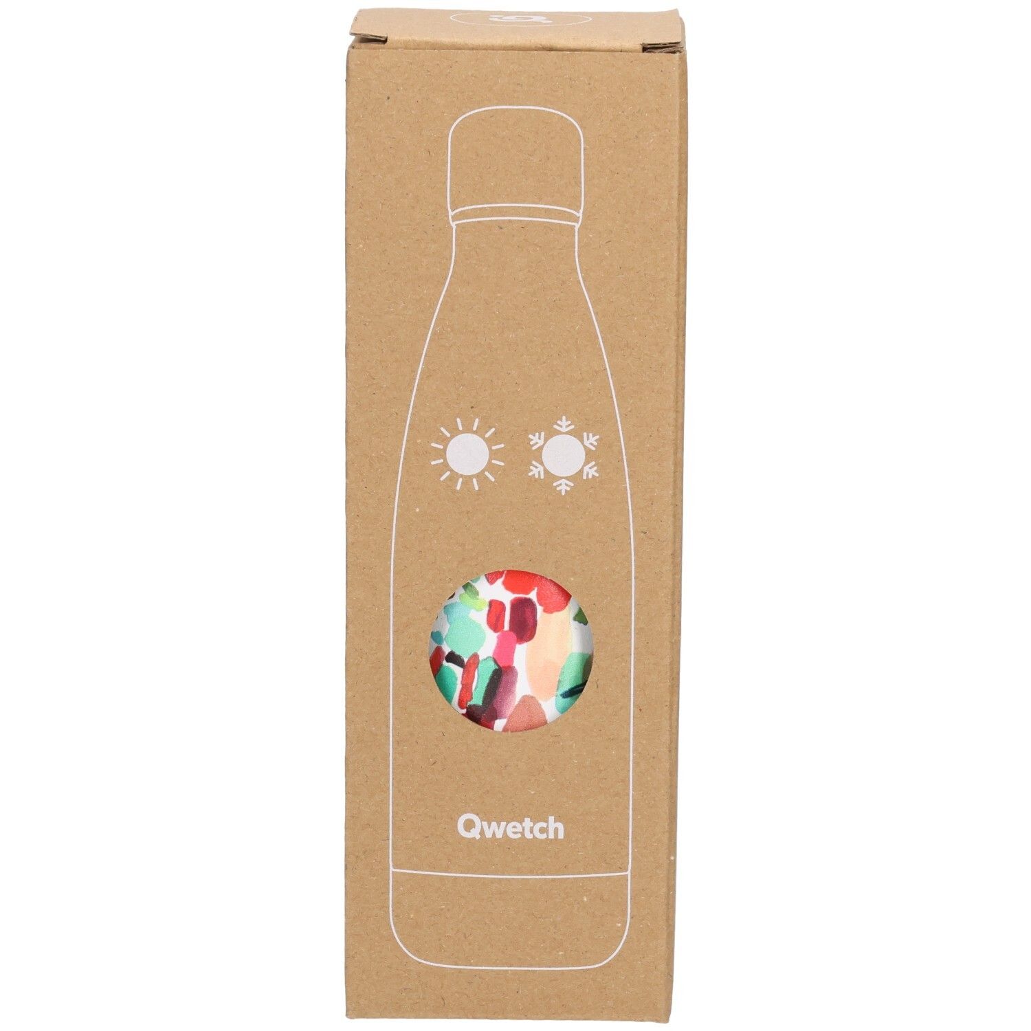 Kartonnen verpakking met venster. Qwetch thermosfles met kleurrijk patroon. Illustratie van zon en sneeuwvlok.