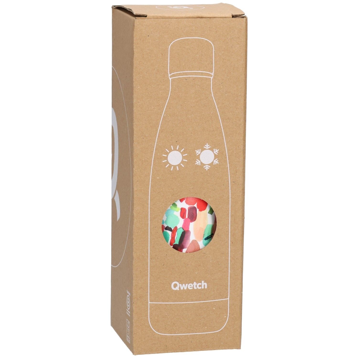 Kartonnen verpakking met venster. Qwetch thermosfles met kleurrijk patroon. Illustratie van zon en sneeuwvlok.