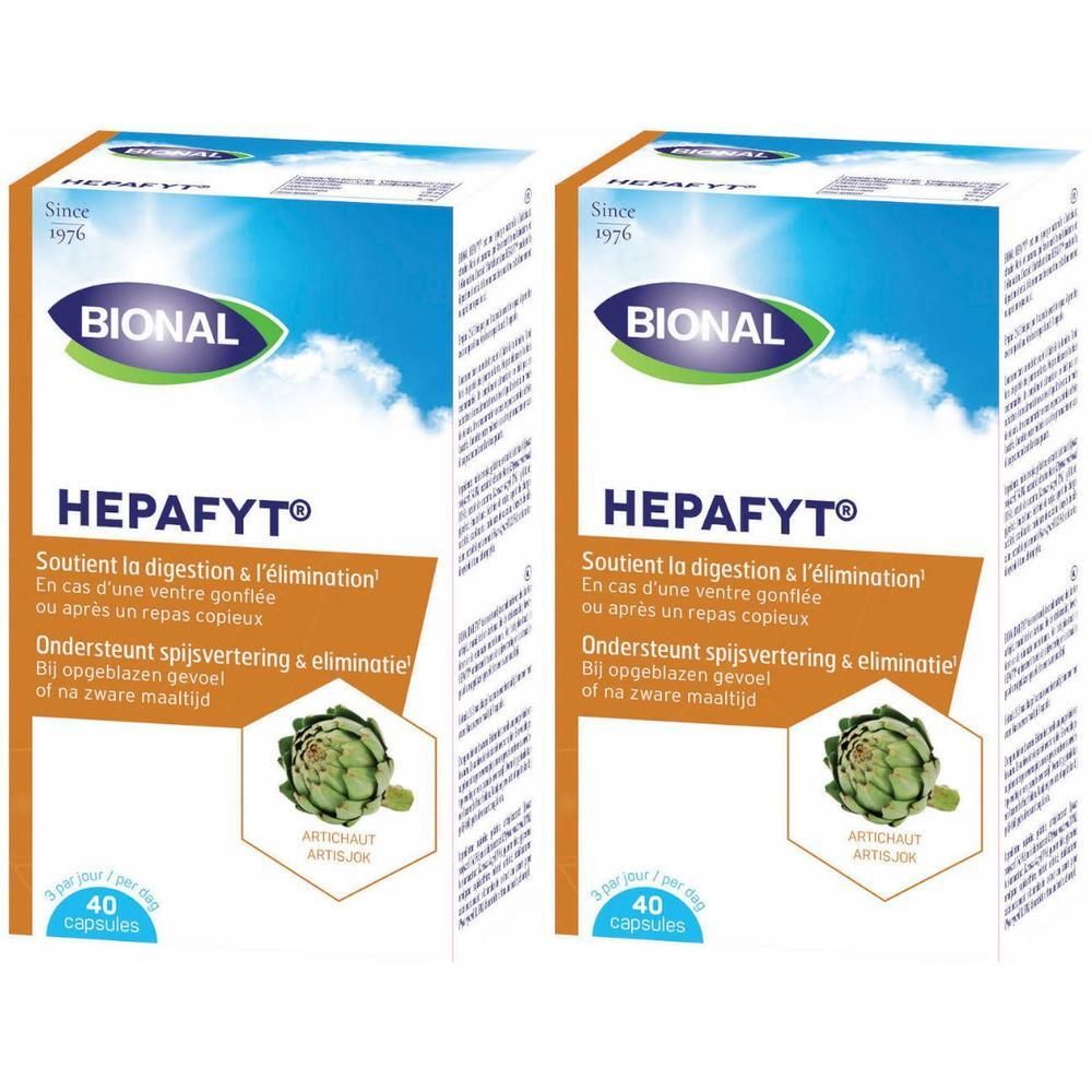 Twee dozen Bional Hepafyt. Blauwe, groene en witte verpakking. Tekst: Hepafyt, artisjok, 40 capsules.