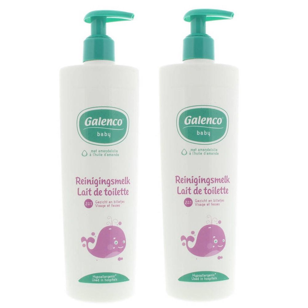 Twee witte flessen met groene pomp. Opschrift Galenco baby, Reinigingsmelk 2 in 1. Illustratie van een paarse walvis.