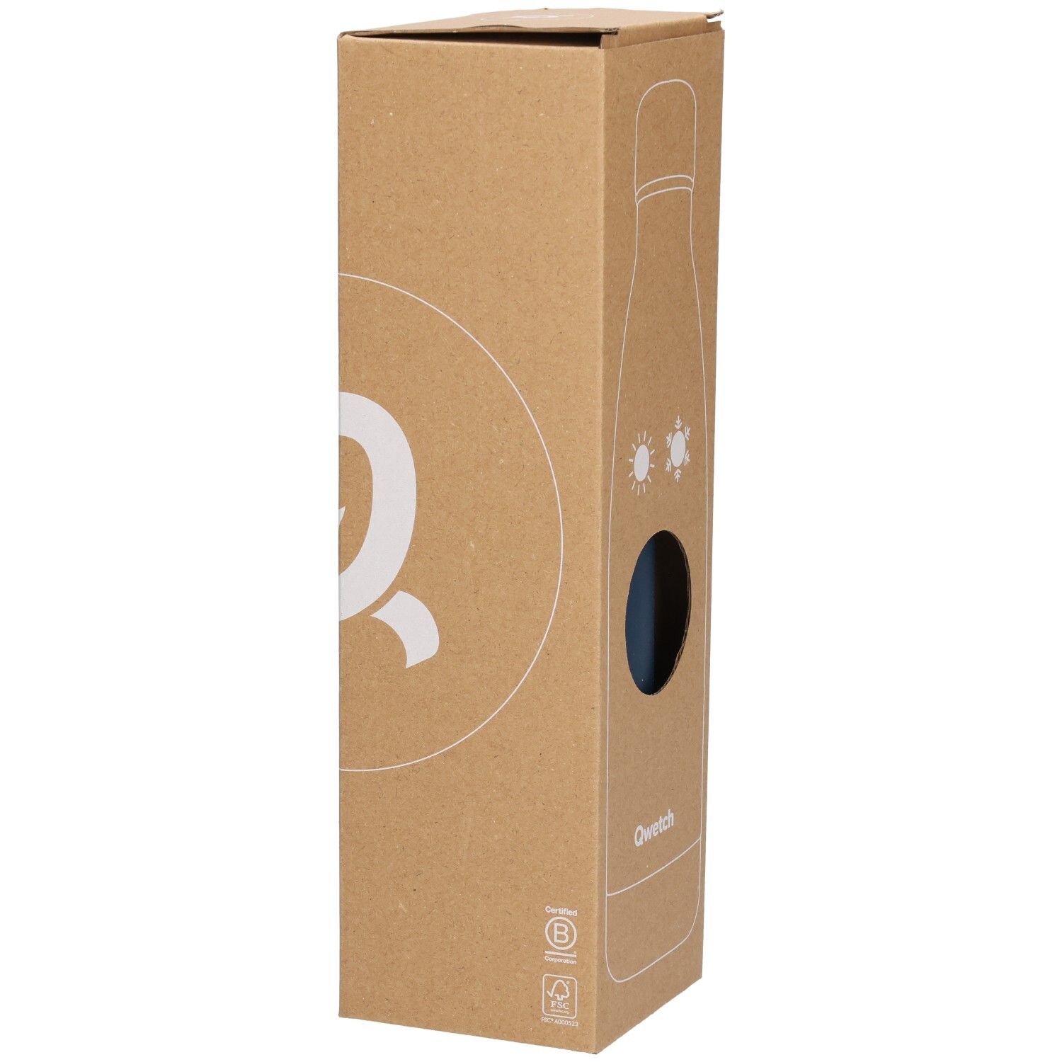 Kartonnen verpakking met Qwetch-logo en productafbeelding. Venster toont de blauwe thermosfles.