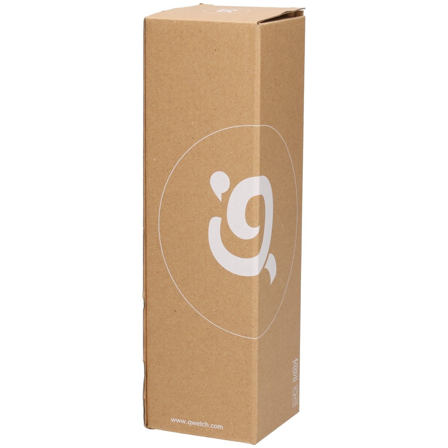 Kartonnen verpakking met Qwetch-logo. Het logo en een cirkel staan op de zijkant.