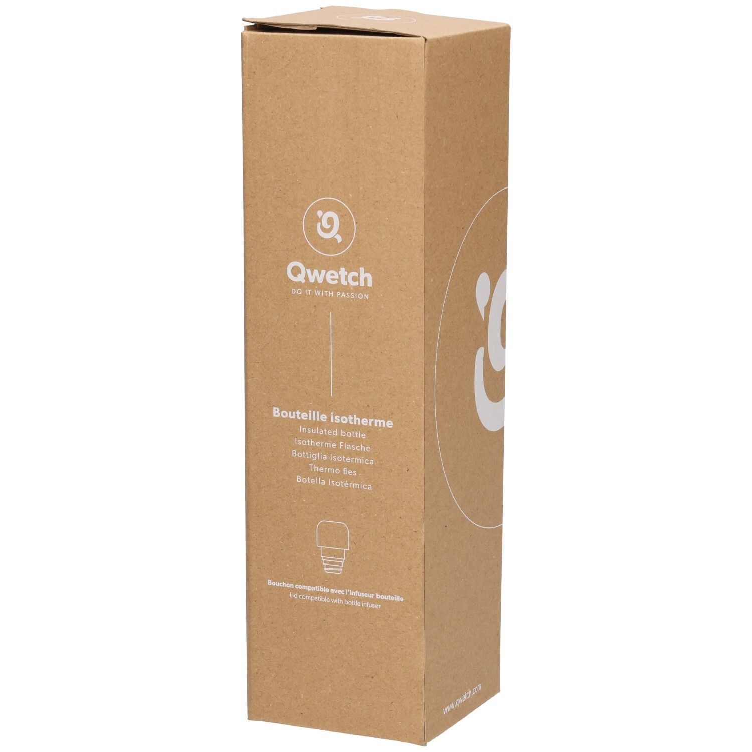 Kartonnen verpakking met Qwetch-logo en productinformatie. Tekst: 'Bouteille isotherme'.