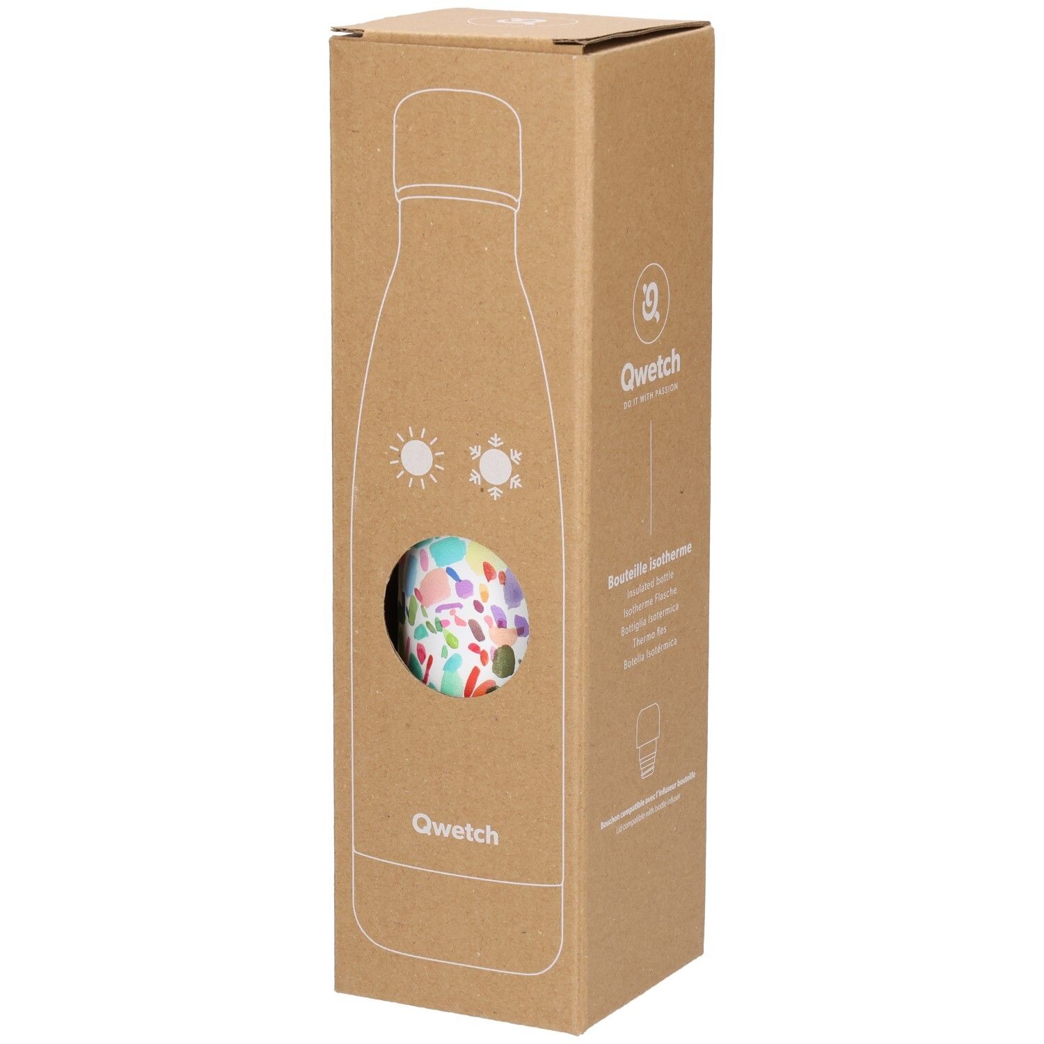 Thermosfles in kartonnen verpakking. Venster toont kleurrijk patroon. Qwetch-logo onderaan.