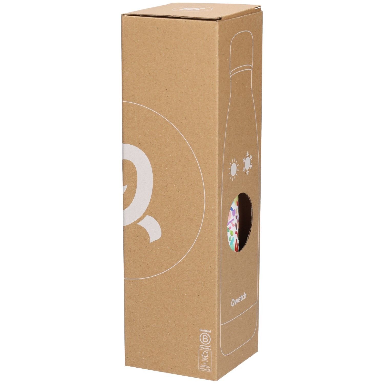 Kartonnen verpakking met Qwetch-logo en venster. Omtrek fles en zonsymbool.