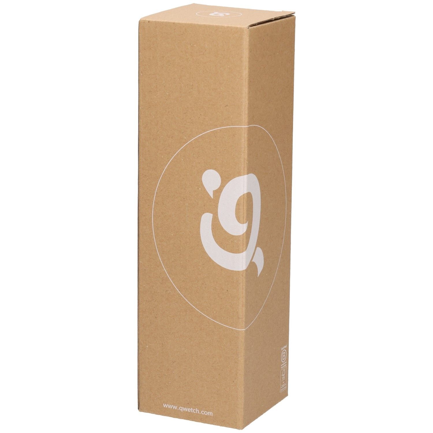 Kartonnen verpakking met Qwetch-logo. Eenvoudig ontwerp, bruin karton.