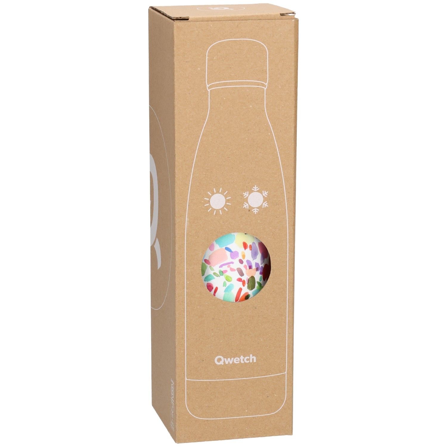 Thermosfles in kartonnen verpakking. Venster toont kleurrijk patroon. Qwetch-logo onderaan.