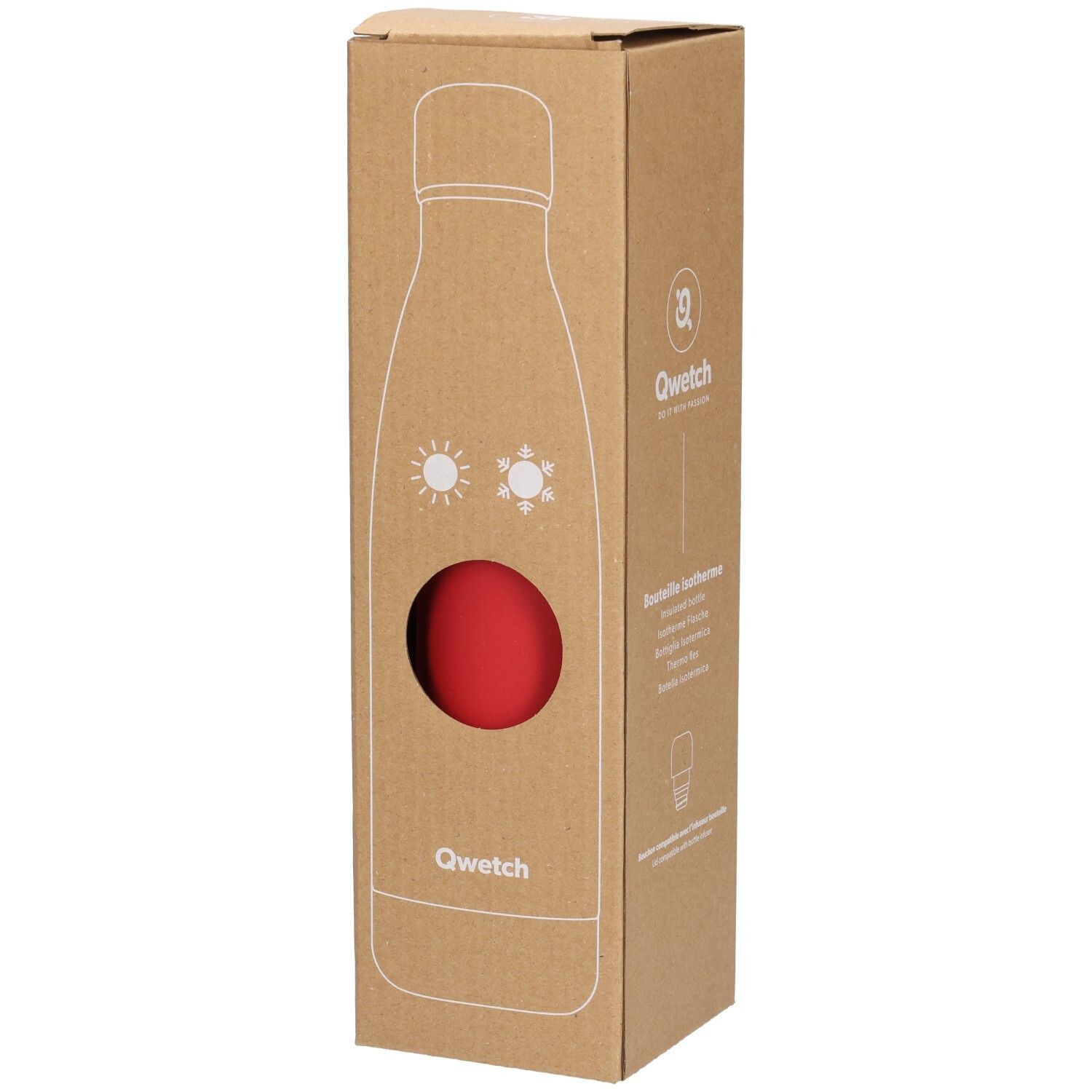 Kartonnen verpakking met rode fles. Venster toont de fles. Merk Qwetch.