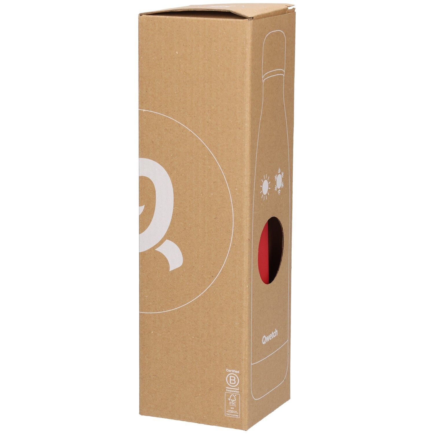 Kartonnen verpakking met rode fles. Venster toont de fles. Merk Qwetch.