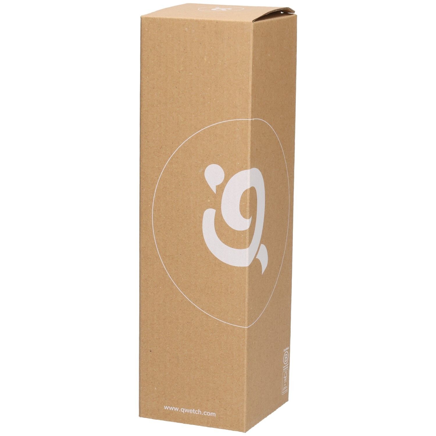 Kartonnen verpakking. Qwetch logo. Opschrift op de verpakking.