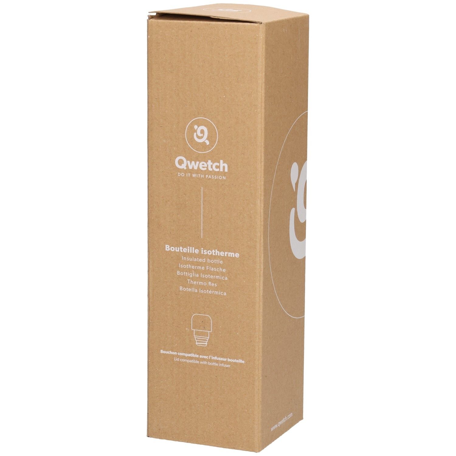 Kartonnen verpakking. Qwetch logo. Tekst: Bouteille Isotherme. Verdere tekstuele informatie.