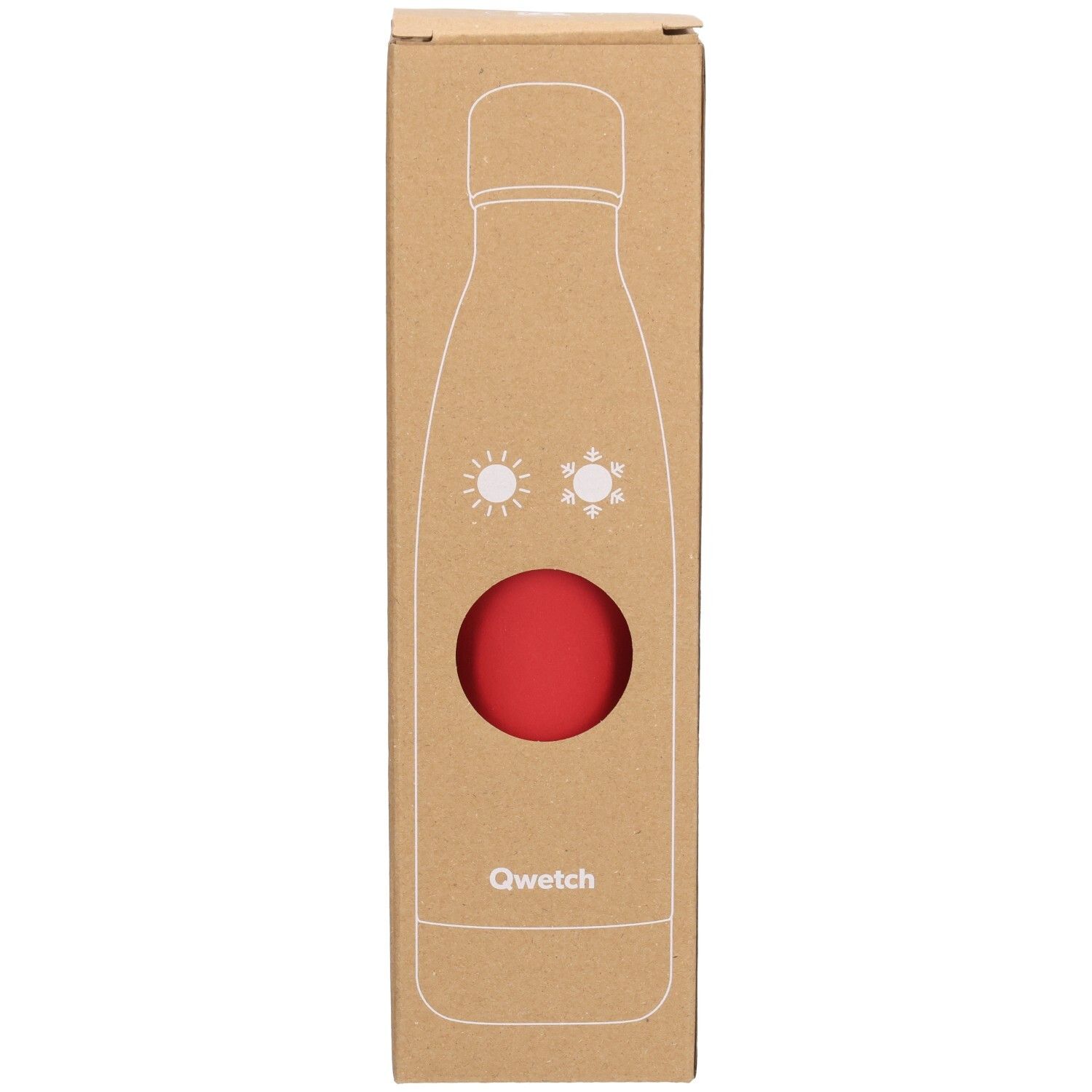 Kartonnen verpakking met rode fles. Venster toont de fles. Merk Qwetch.