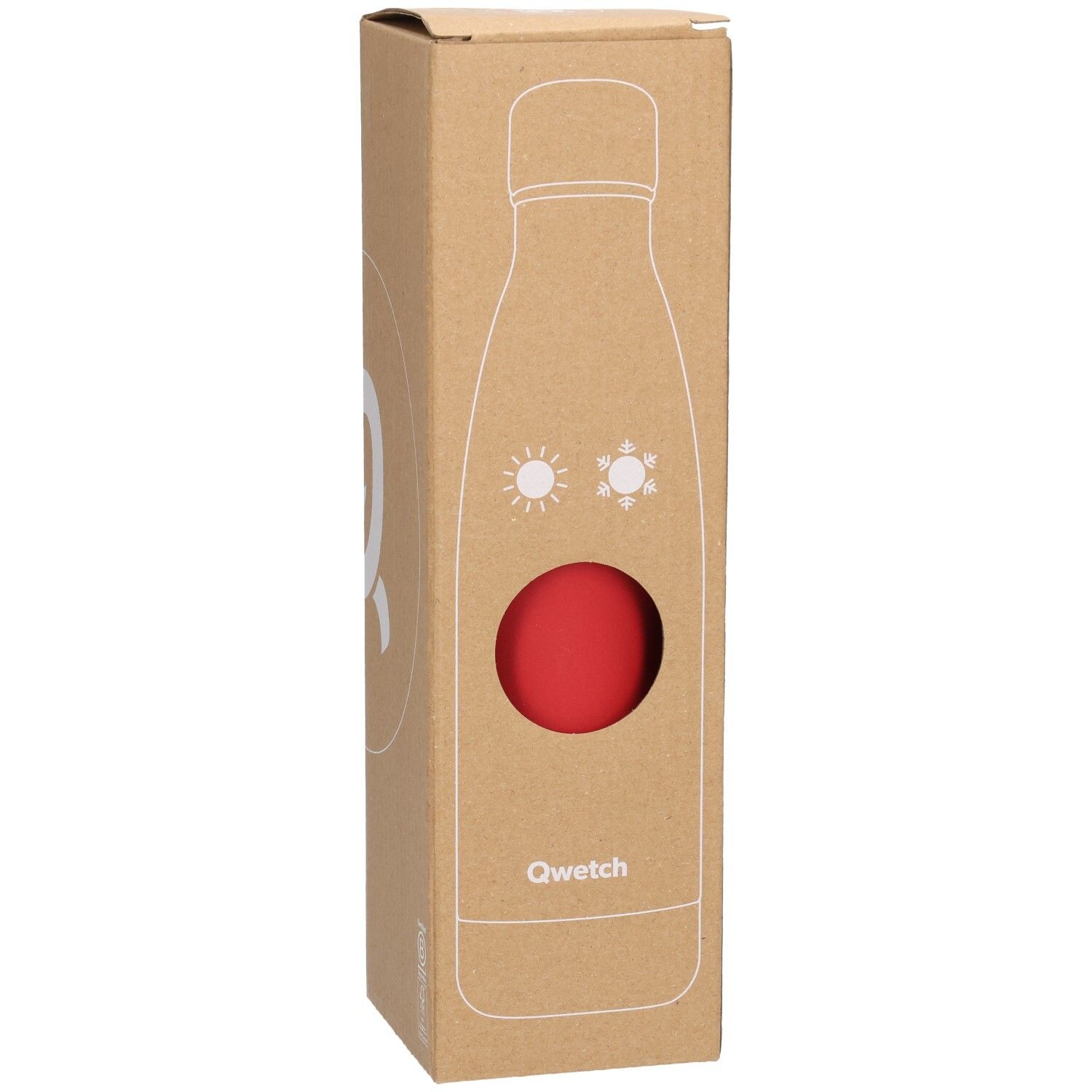 Kartonnen verpakking met rode fles. Venster toont de fles. Merk Qwetch.