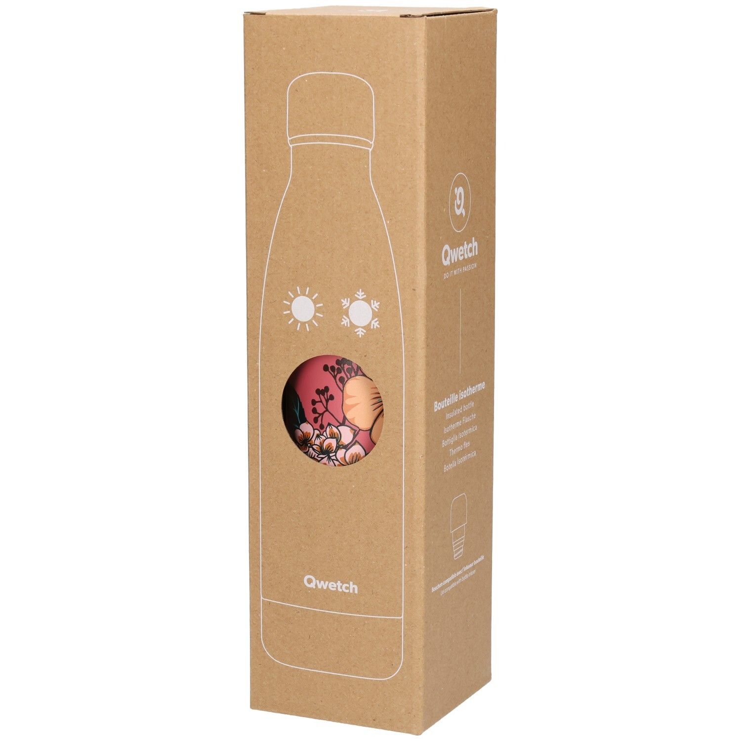 Kartonnen verpakking met omtrek van thermosfles. Venster toont bloemenfles. Qwetch-logo onderaan.