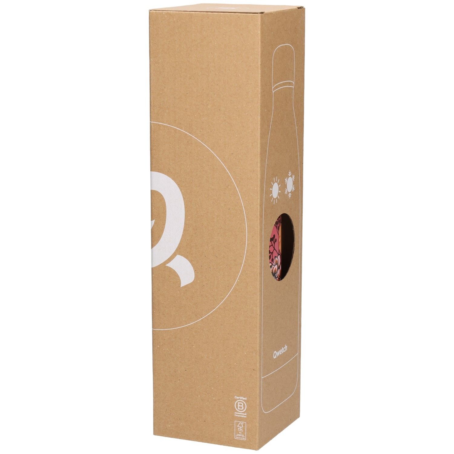Kartonnen verpakking met gat, toont bloemenfles. Qwetch-logo en andere logo's op de zijkant.