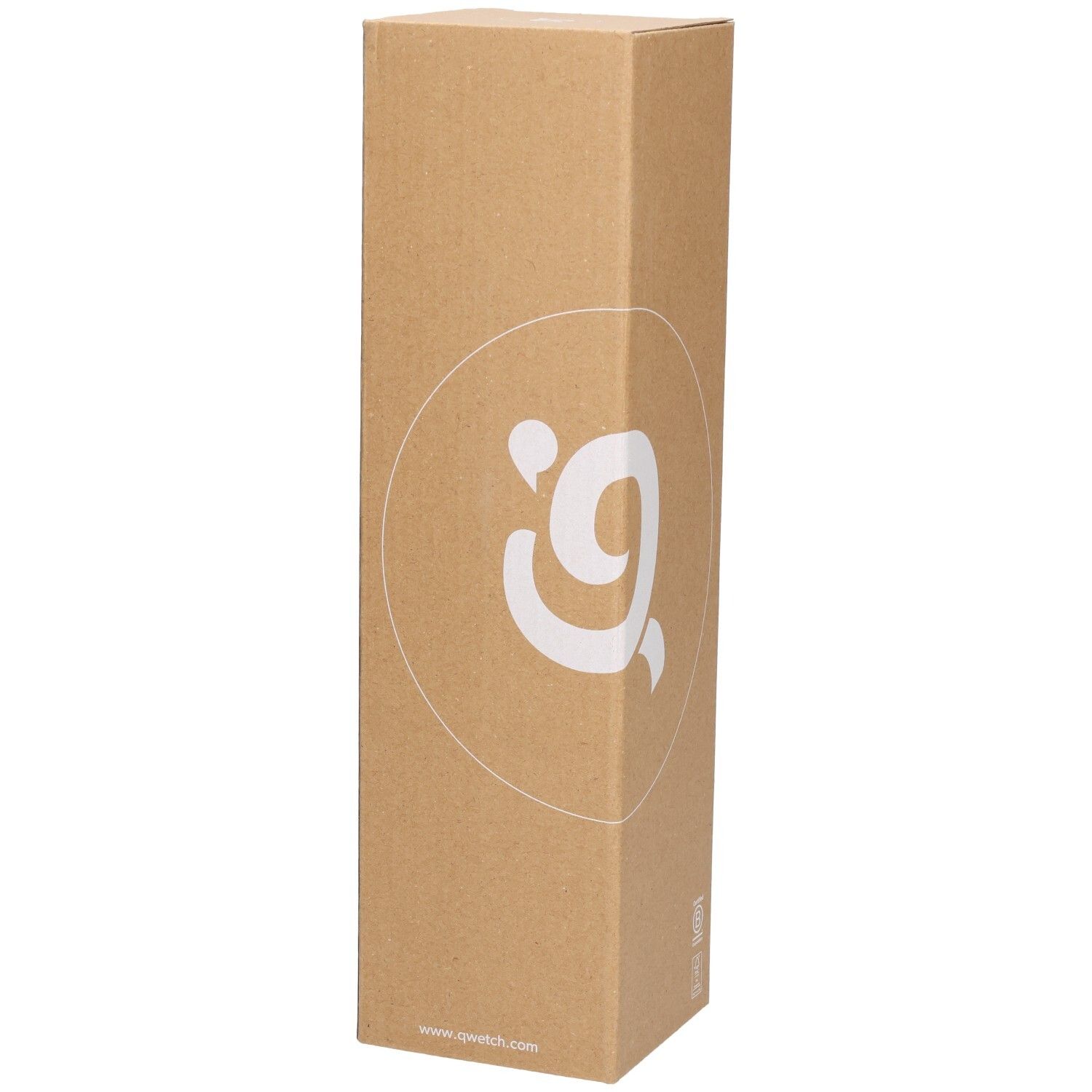 Kartonnen verpakking met wit Qwetch-logo. Het woord 'Qwetch' is onder het logo te zien.