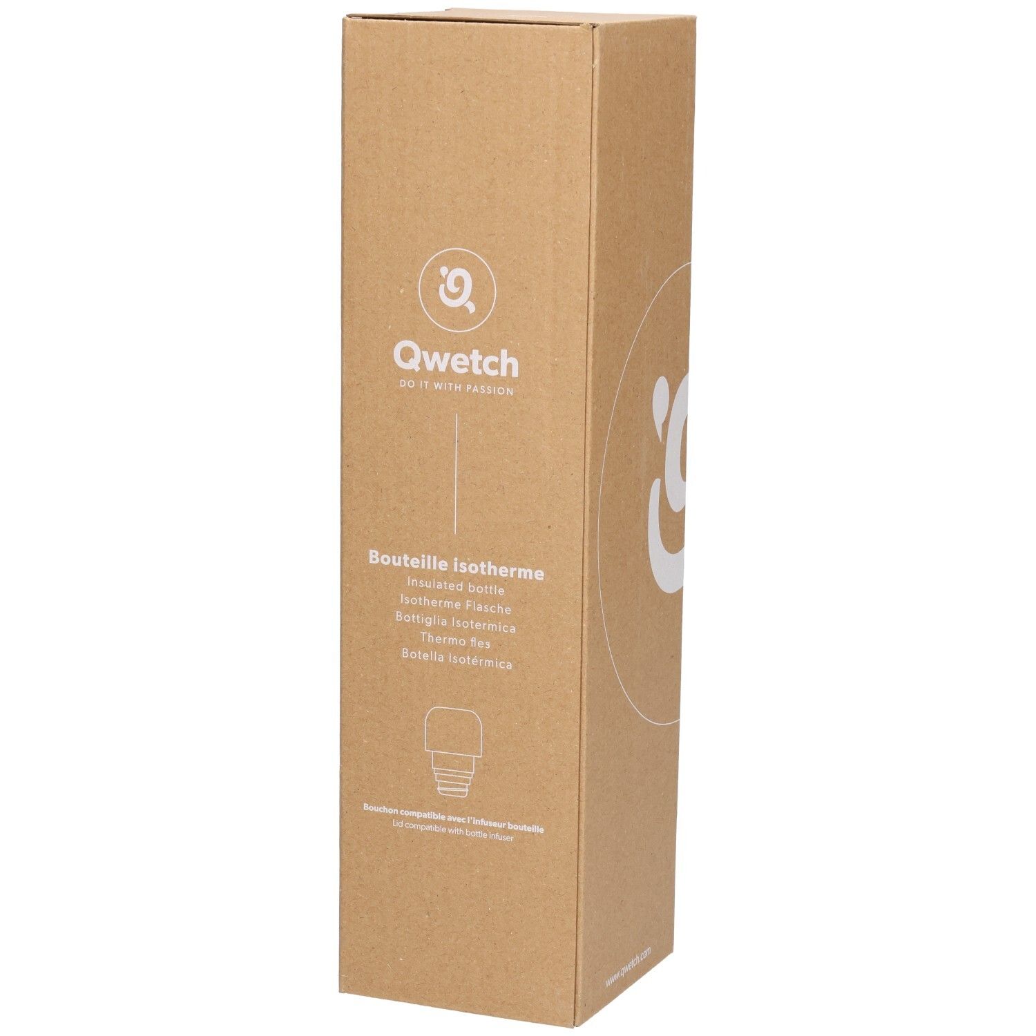 Kartonnen verpakking met Qwetch-logo en productnaam. Meertalige tekst. Afbeelding van een fles.