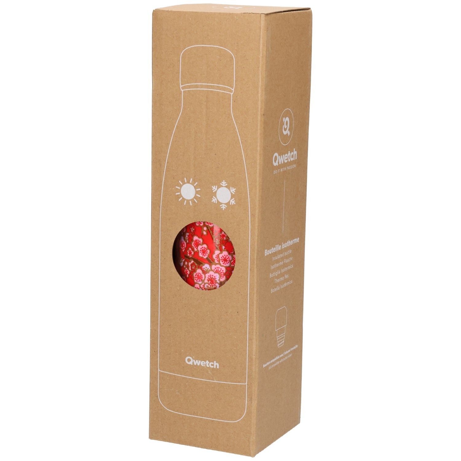 Thermos en carton. Fenêtre révélant motif floral rouge. Logo Qwetch et contour de la bouteille sur l'emballage.