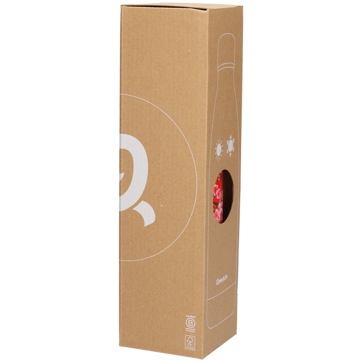 Emballage carton pour thermos. Fenêtre avec motif floral rouge. Logo Qwetch sur le côté. Carton brun.