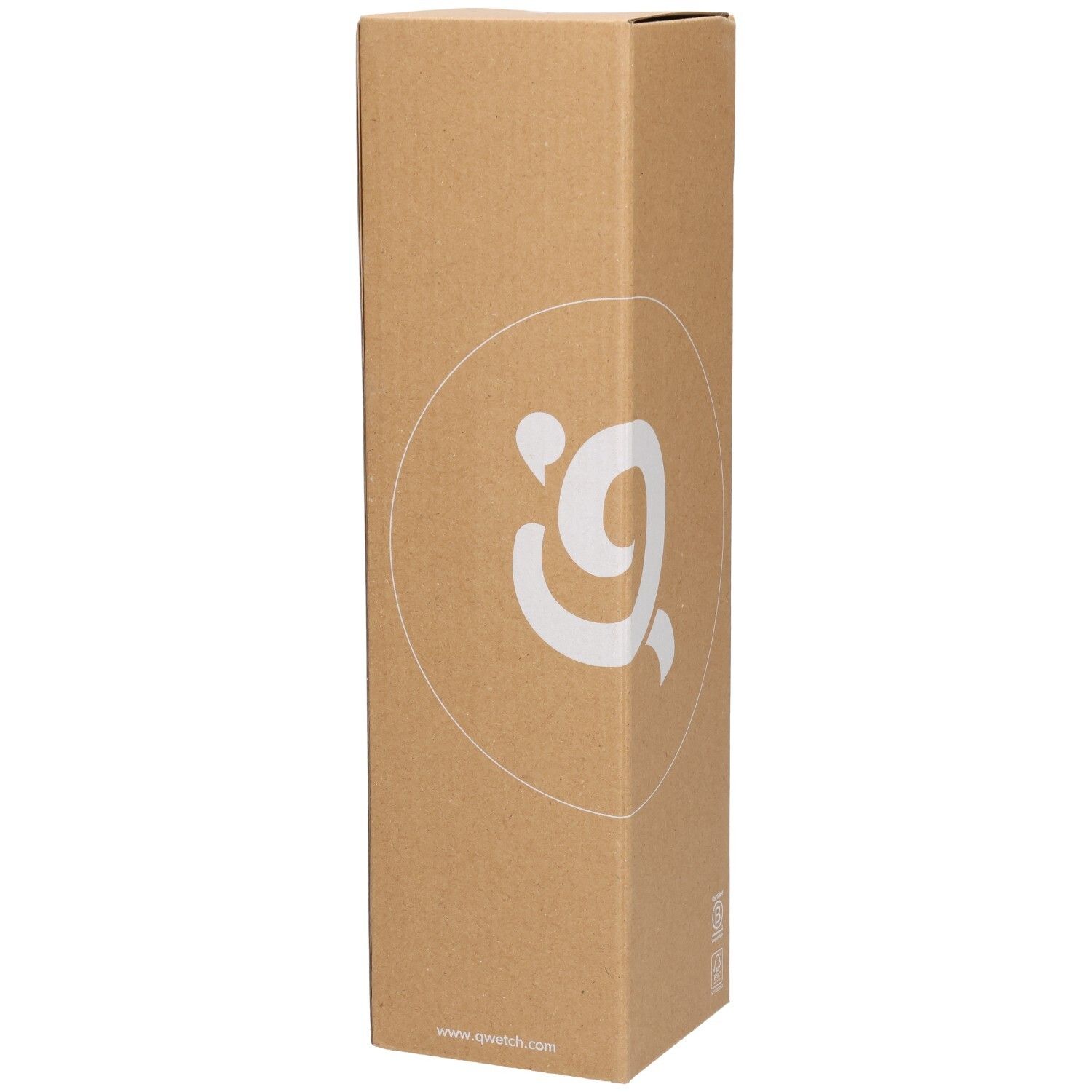 Emballage en carton avec logo Qwetch. Carton brun. Design minimaliste. Contour de la bouteille sur l'emballage.