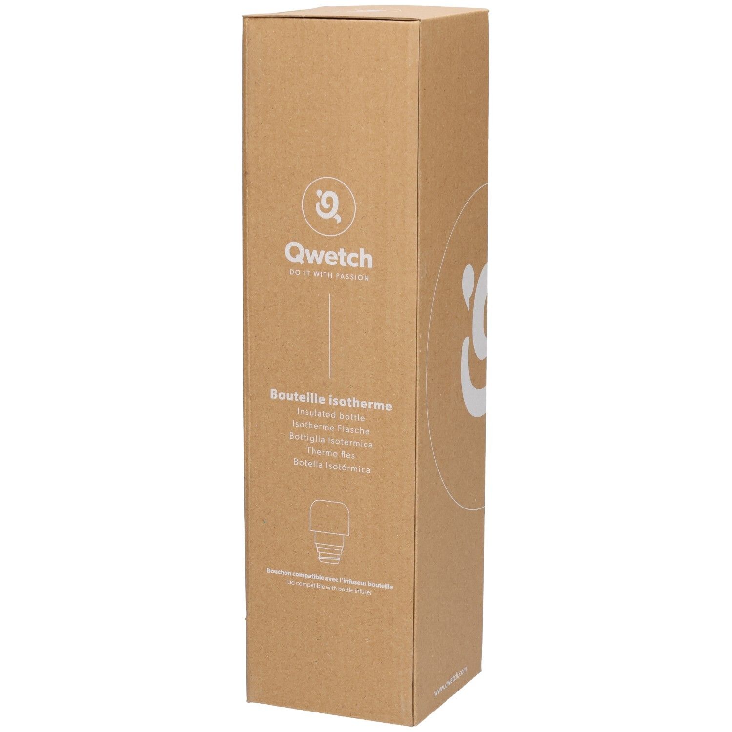 Emballage en carton avec logo Qwetch et description du produit. Carton brun. Texte multilingue.
