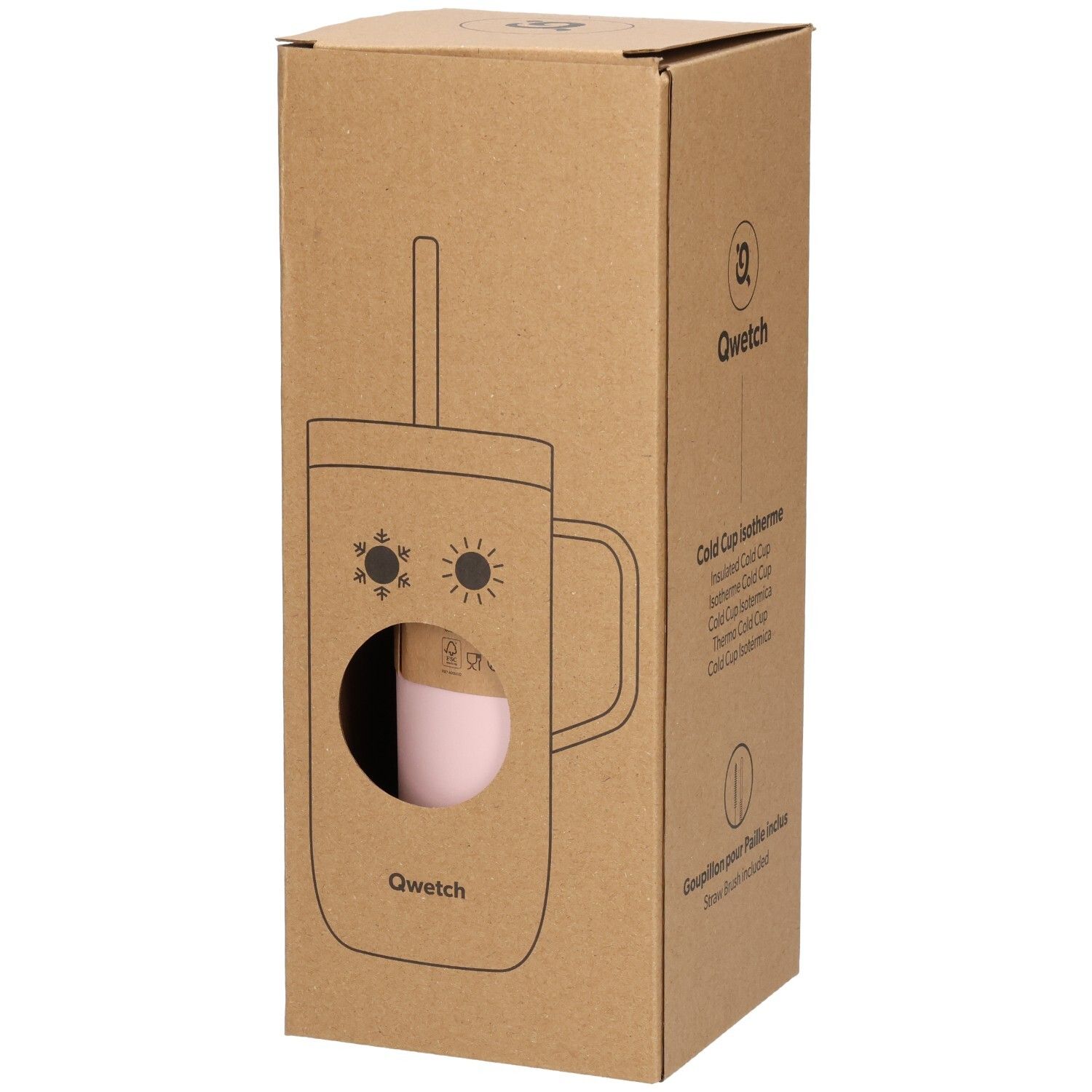 Kartonnen verpakking met omtrek van roze beker met handvat en rietje. Qwetch-logo en productnaam.