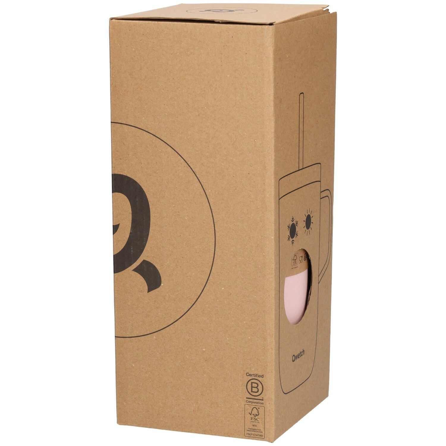 Kartonnen verpakking met Qwetch-logo. Gedeeltelijke weergave van een roze beker door een rond venster.