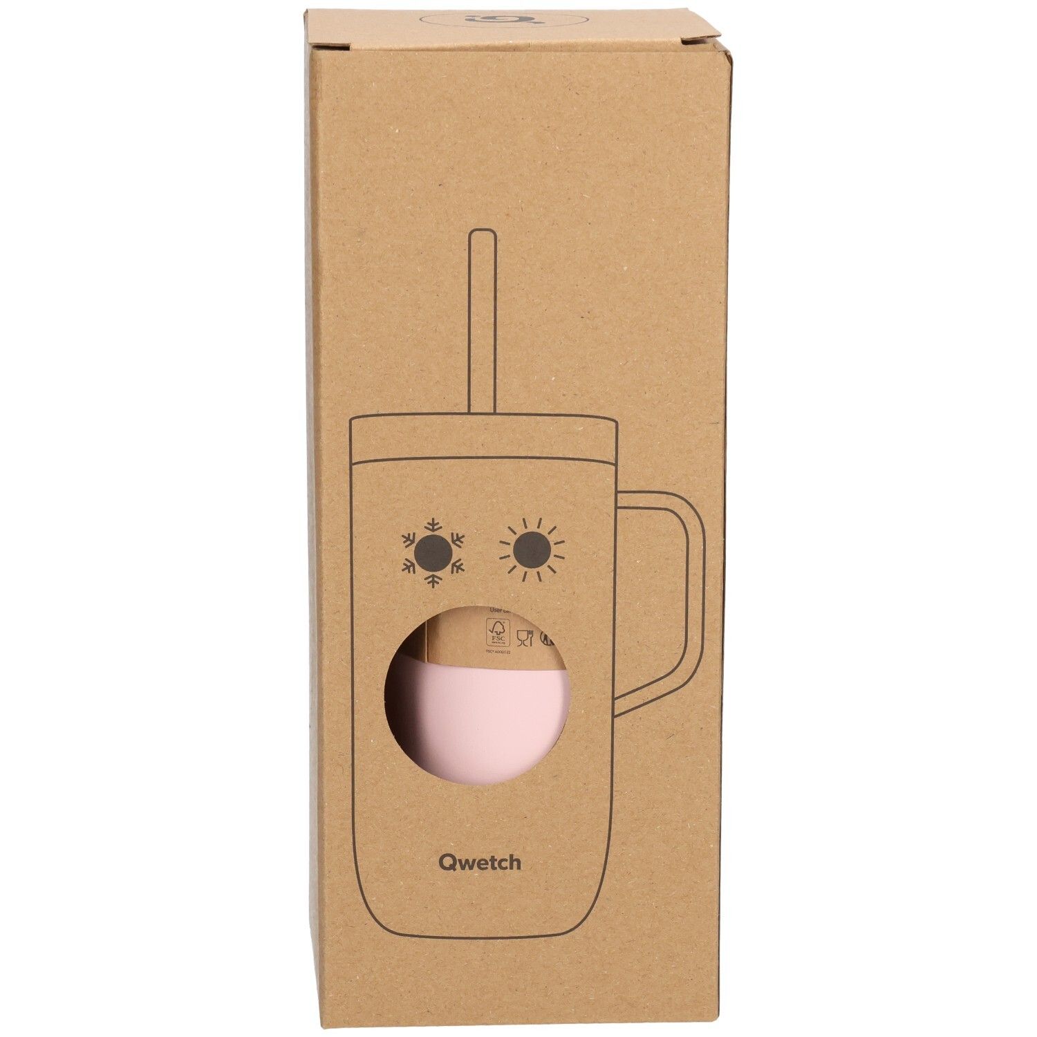 Kartonnen verpakking met omtrek van roze beker met handvat en rietje. Qwetch-logo.