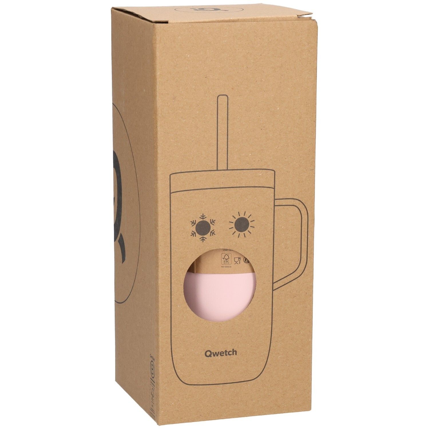 Kartonnen verpakking met omtrek van roze beker met handvat en rietje. Qwetch-logo.